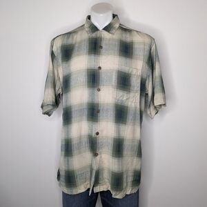 ✨3/$15 Cotton Reel green tan plaid short sleeve 100% silk button up L